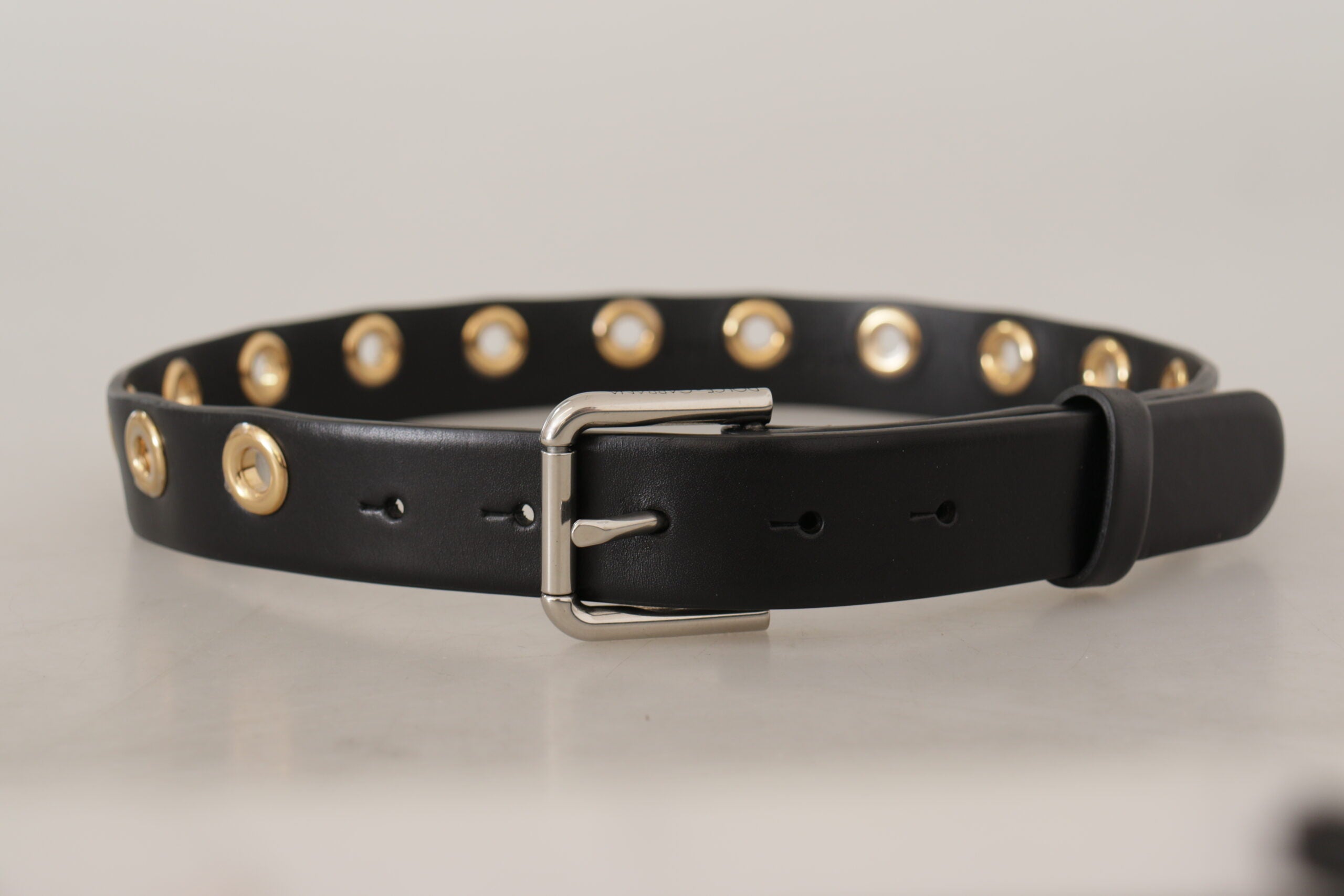 Black Leather Eyelet Silver Tone Metal Buckle Belt - 70-cm-28-inches