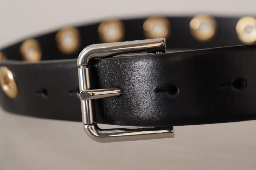Black Leather Eyelet Silver Tone Metal Buckle Belt - 70-cm-28-inches