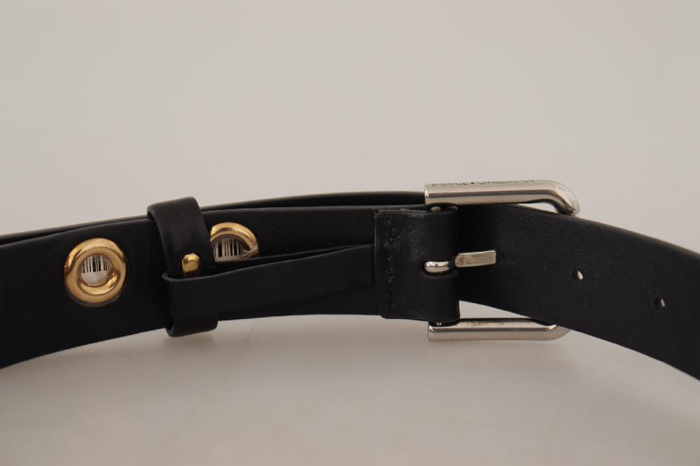 Black Leather Eyelet Silver Tone Metal Buckle Belt - 70-cm-28-inches