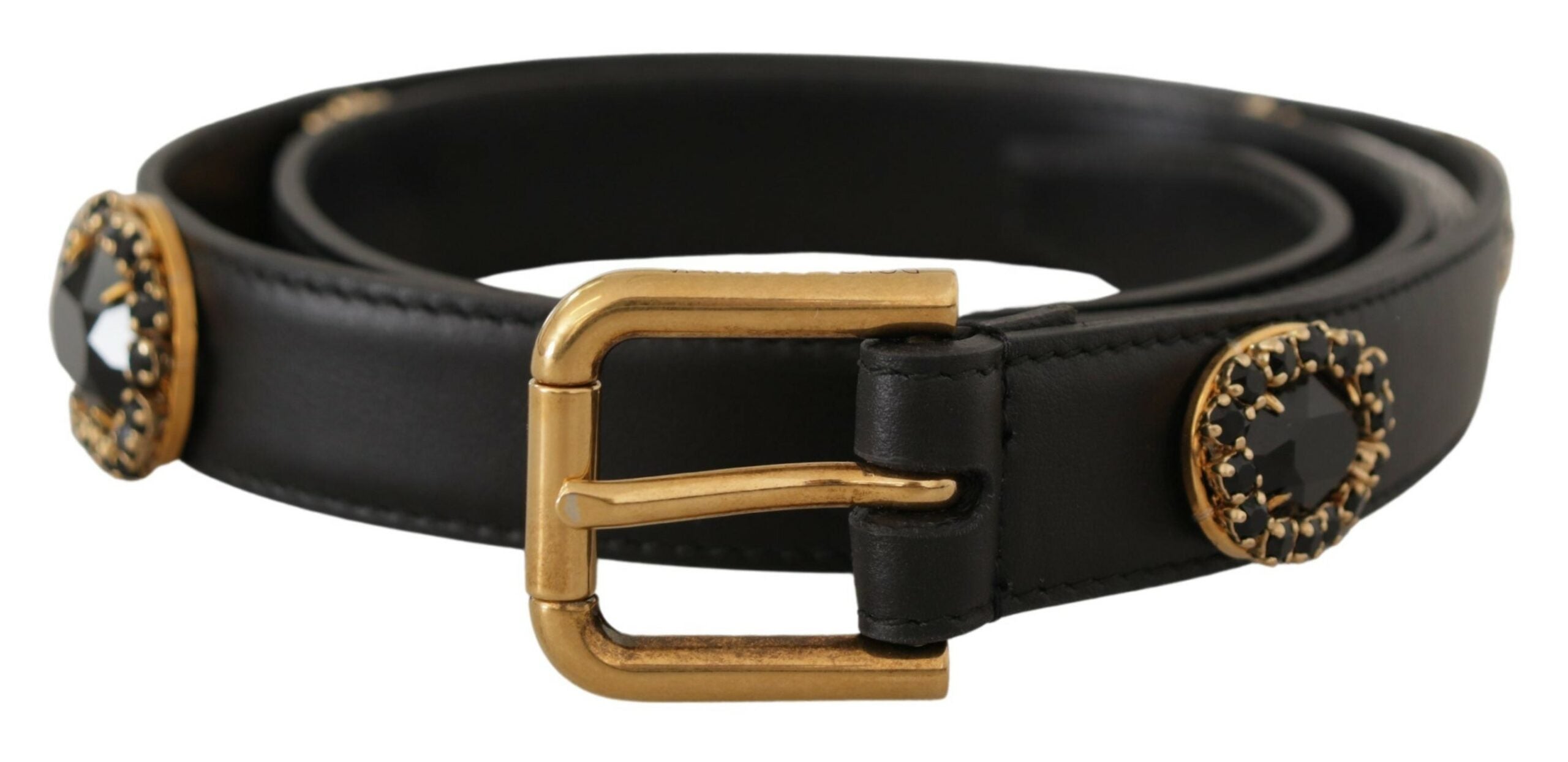 Black Leather Embellished Crystal Logo Belt - 85-cm-34-inches