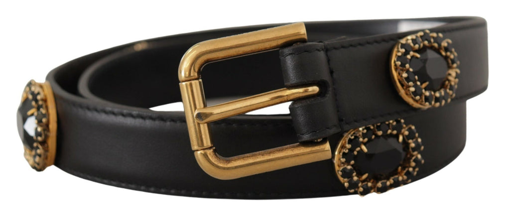 Black Leather Embellished Crystal Logo Belt - 85-cm-34-inches