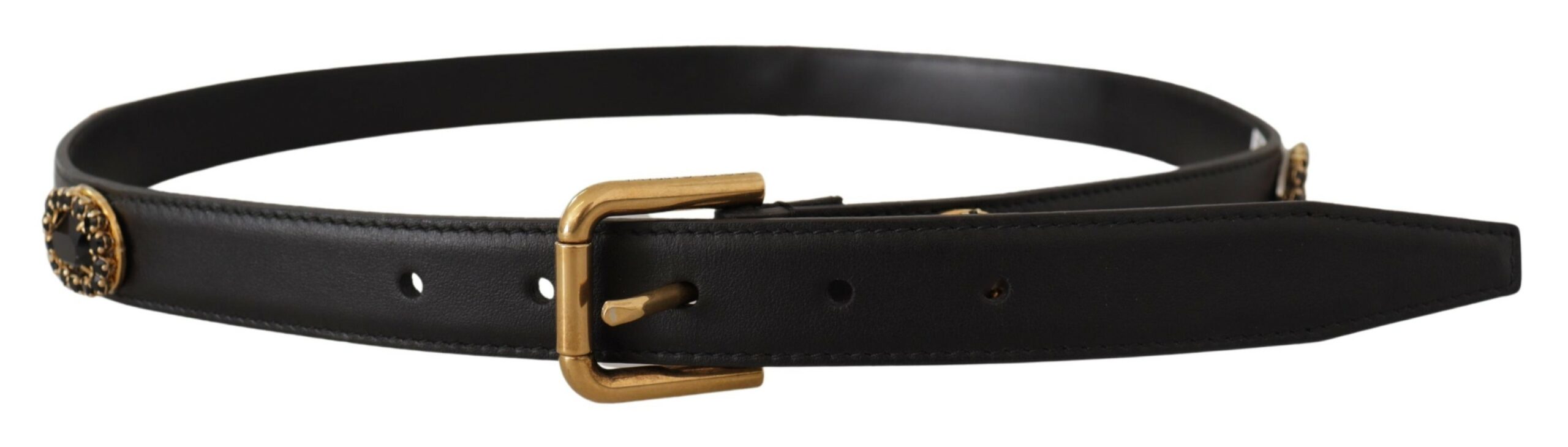 Black Leather Embellished Crystal Logo Belt - 85-cm-34-inches