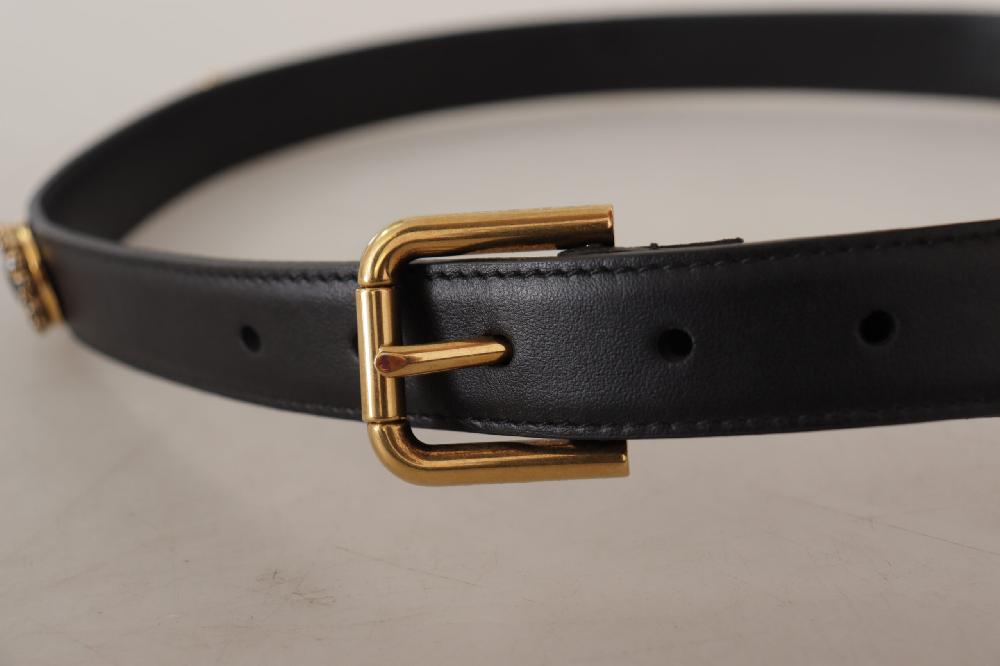 Black Leather Embellished Crystal Logo Belt - 85-cm-34-inches