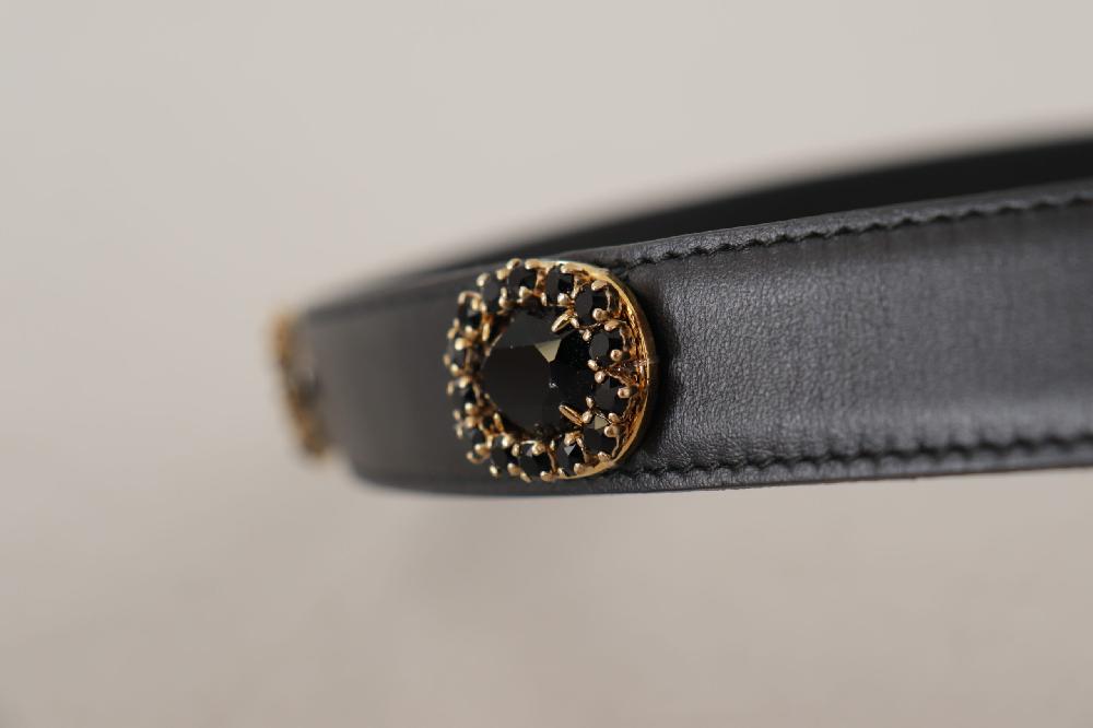 Black Leather Embellished Crystal Logo Belt - 85-cm-34-inches