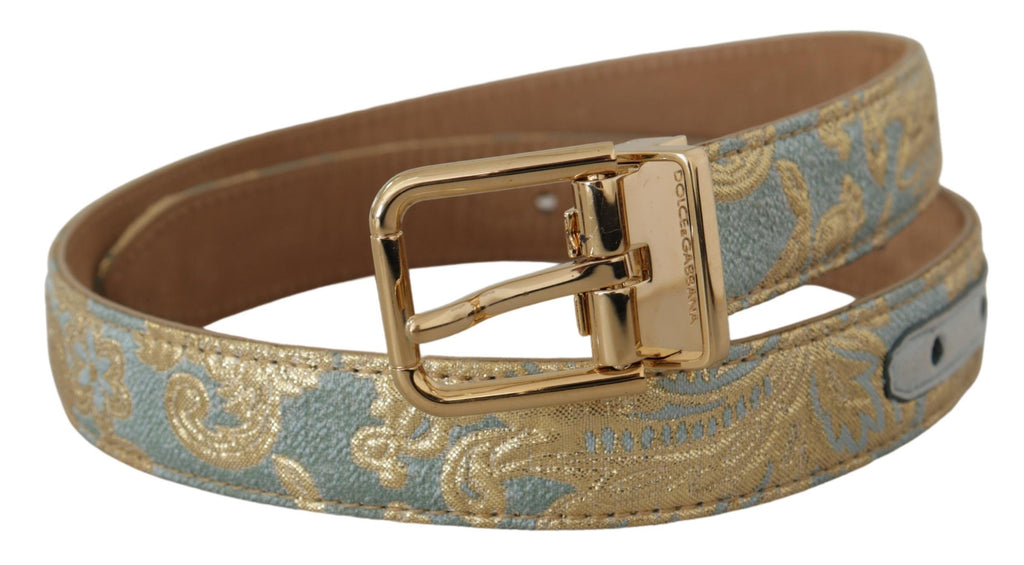 Blue Leather Jacquard Em...d Gold Metal Buckle Belt - 65-cm-26-inches