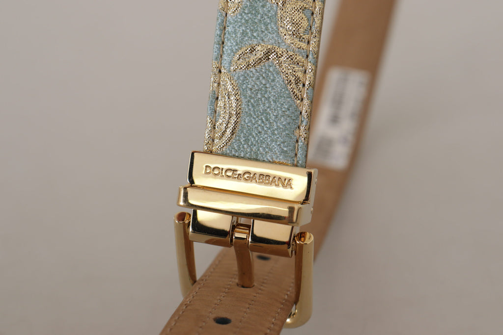 Blue Leather Jacquard Em...d Gold Metal Buckle Belt - 65-cm-26-inches