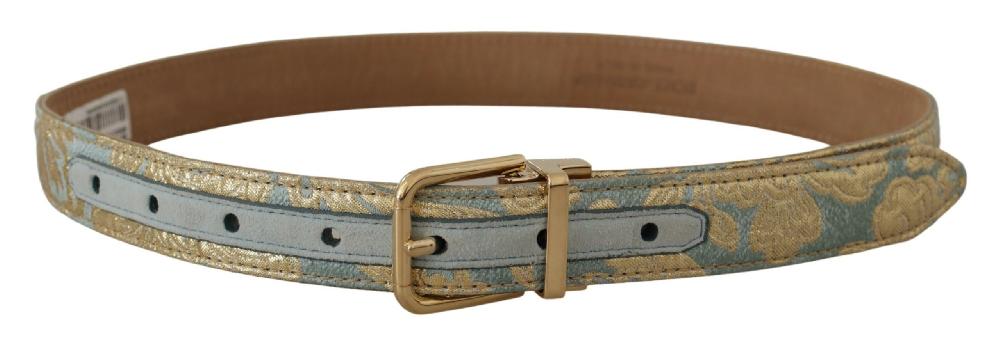 Blue Leather Jacquard Em...d Gold Metal Buckle Belt - 65-cm-26-inches