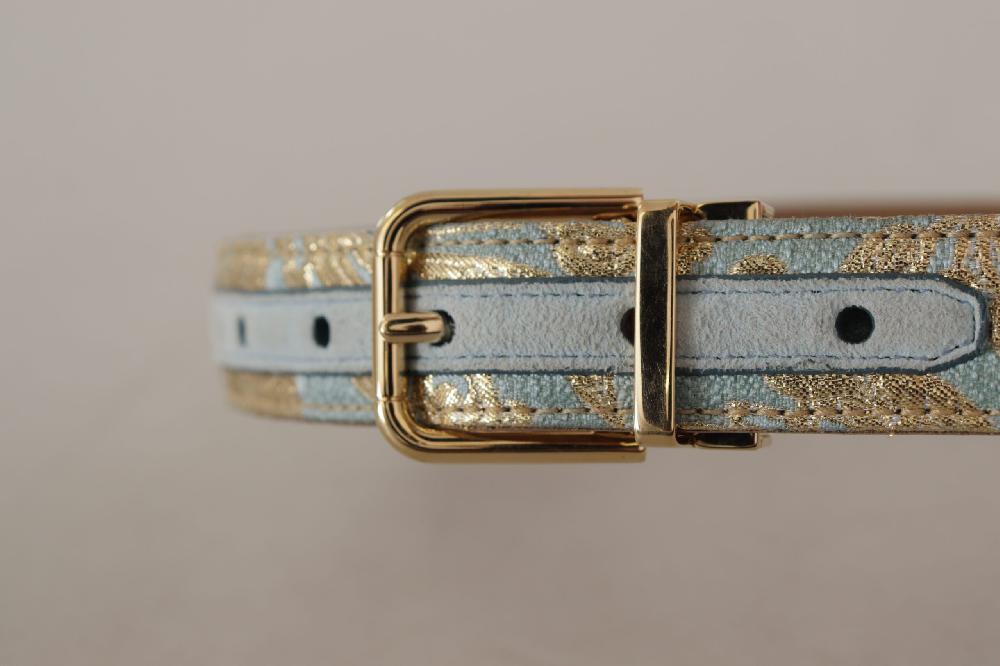 Blue Leather Jacquard Em...d Gold Metal Buckle Belt - 65-cm-26-inches