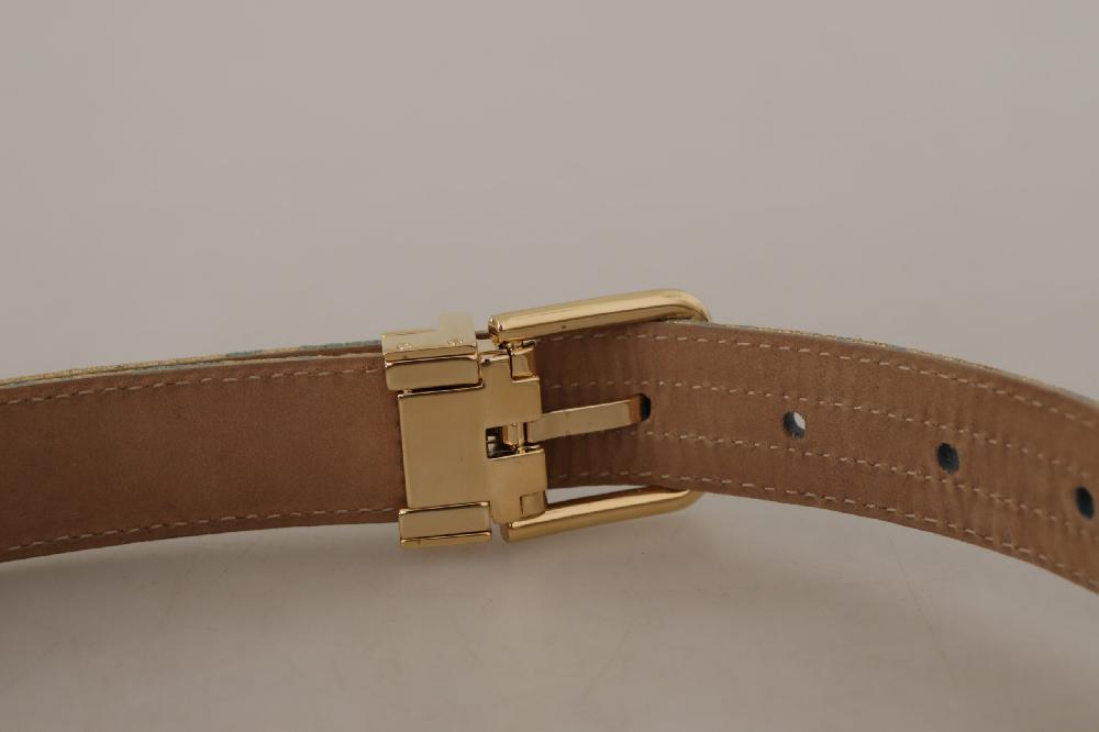 Blue Leather Jacquard Em...d Gold Metal Buckle Belt - 65-cm-26-inches