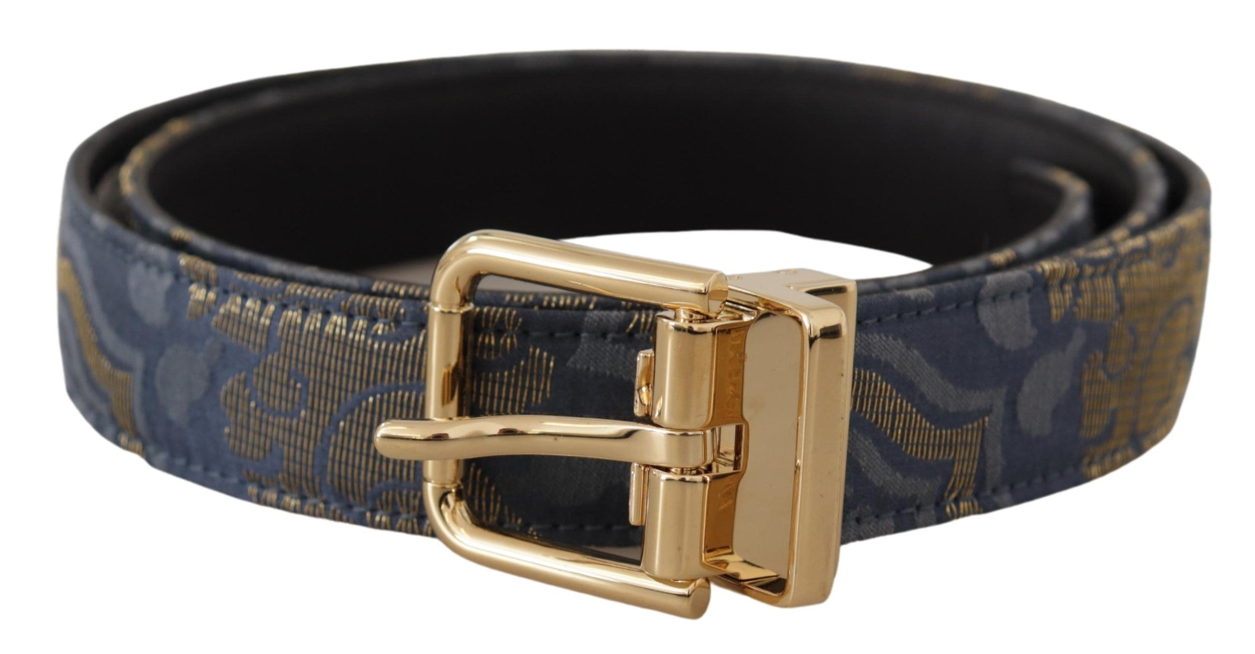 Navy Blue Jacquard Gold Tone Logo Metal Buckle Belt - 75-cm-30-inches