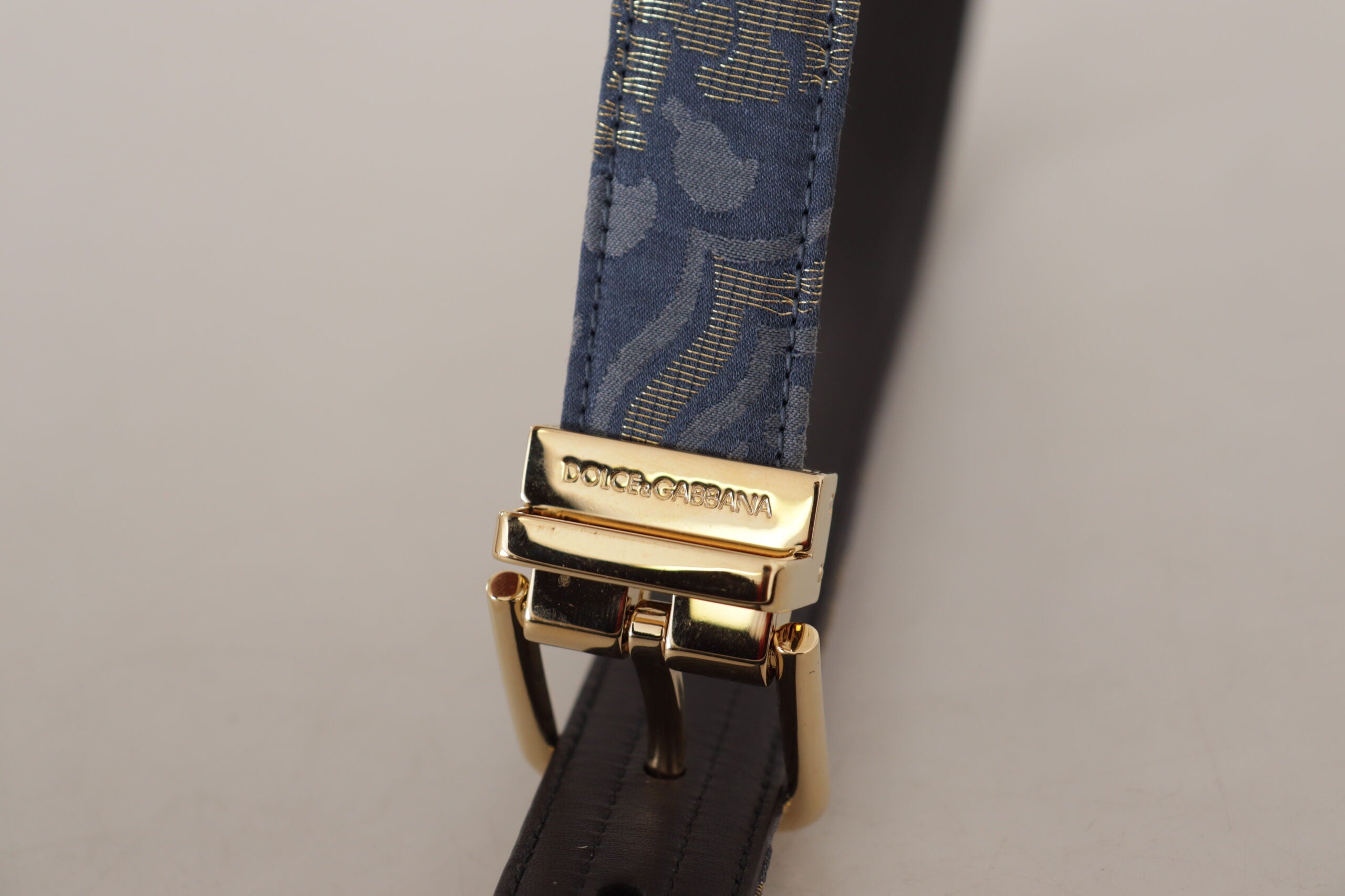 Navy Blue Jacquard Gold Tone Logo Metal Buckle Belt - 75-cm-30-inches