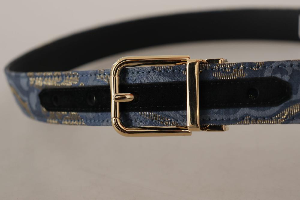 Navy Blue Jacquard Gold Tone Logo Metal Buckle Belt - 75-cm-30-inches