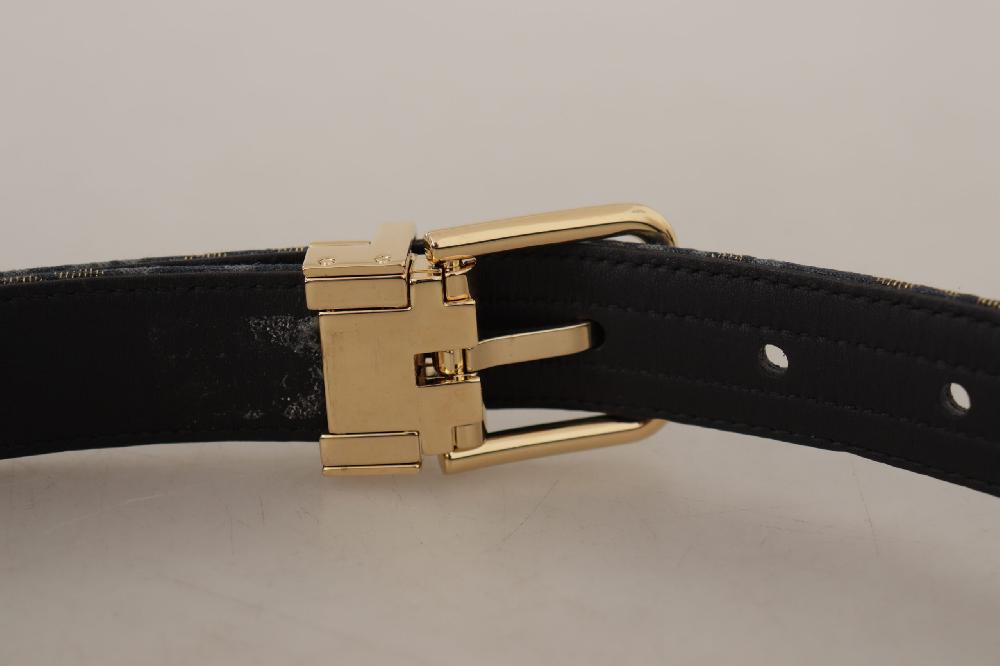 Navy Blue Jacquard Gold Tone Logo Metal Buckle Belt - 75-cm-30-inches