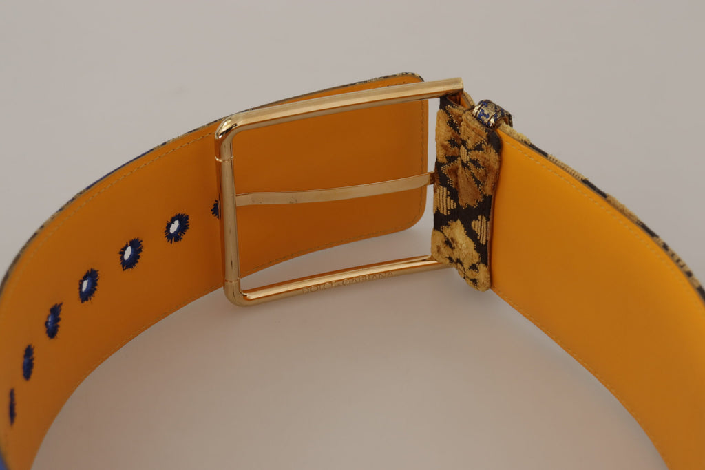Blue Floral Patchwork Leather Wide Waist Buckle Belt - 70-cm-28-inches