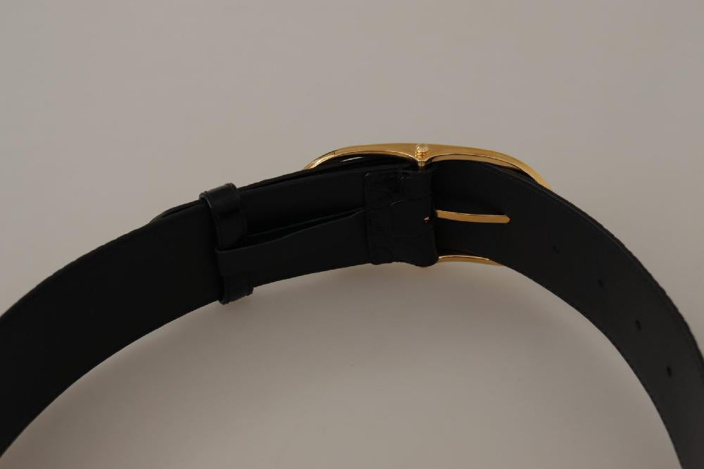 Black Embossed Leather Gold Tone Metal Buckle Belt - 80-cm-32-inches
