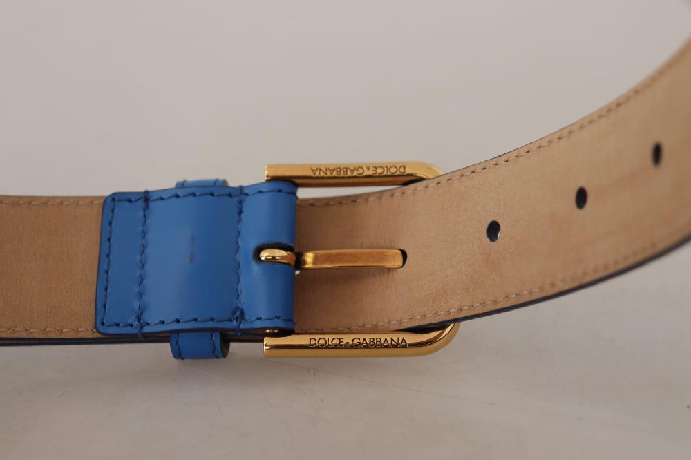 Blue Leather Gold Tone Logo Metal Waist Buckle Belt - 60-cm-24-inches