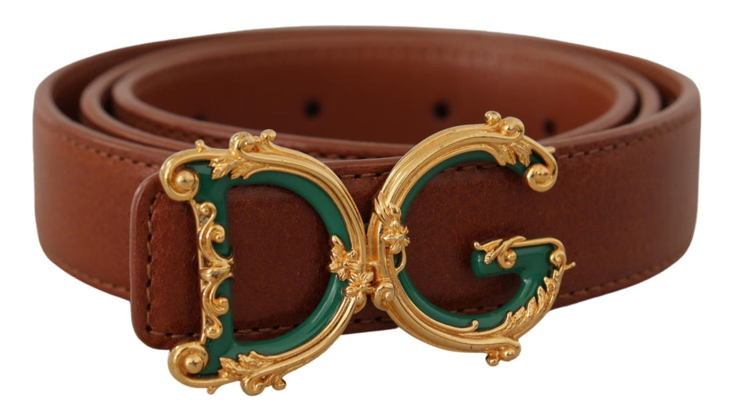 Brown Leather Baroque Gold DG Logo Waist Buckle Belt - 75-cm-30-inches