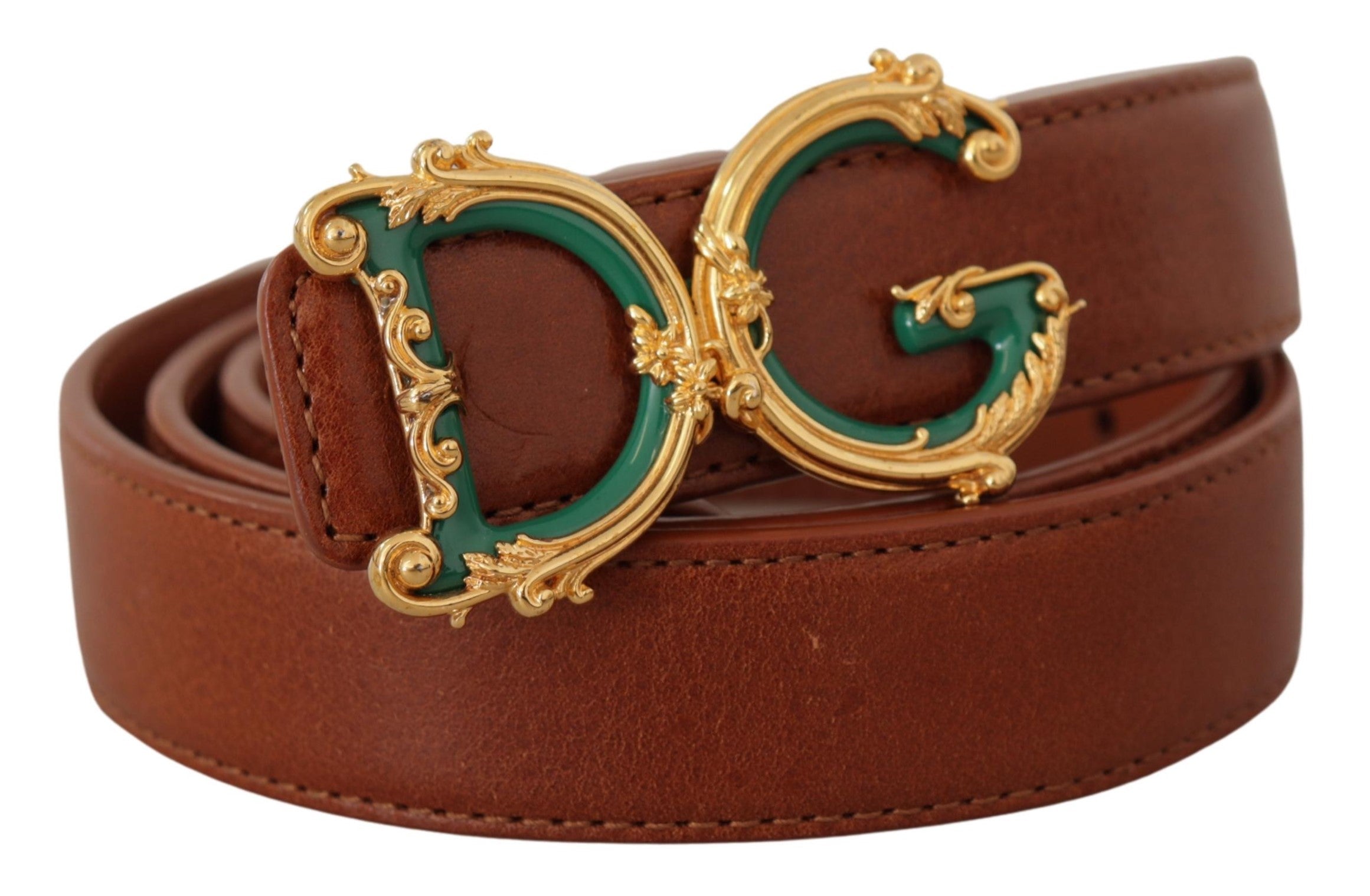Brown Leather Baroque Gold DG Logo Waist Buckle Belt - 75-cm-30-inches