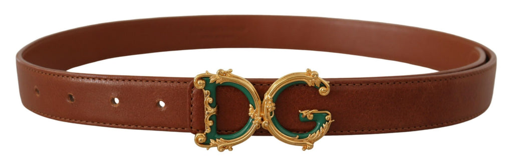 Brown Leather Baroque Gold DG Logo Waist Buckle Belt - 75-cm-30-inches