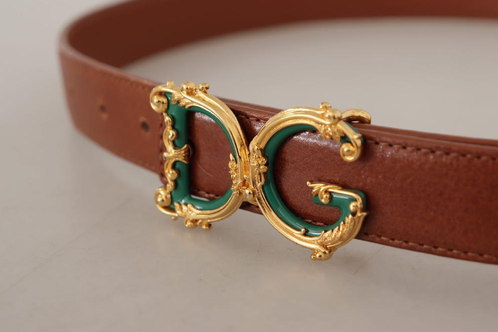 Brown Leather Baroque Gold DG Logo Waist Buckle Belt - 75-cm-30-inches
