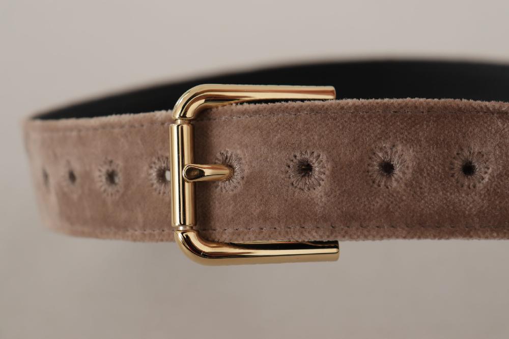 Light Brown Velvet Gold Tone Logo Metal Buckle Belt - 65-cm-26-inches