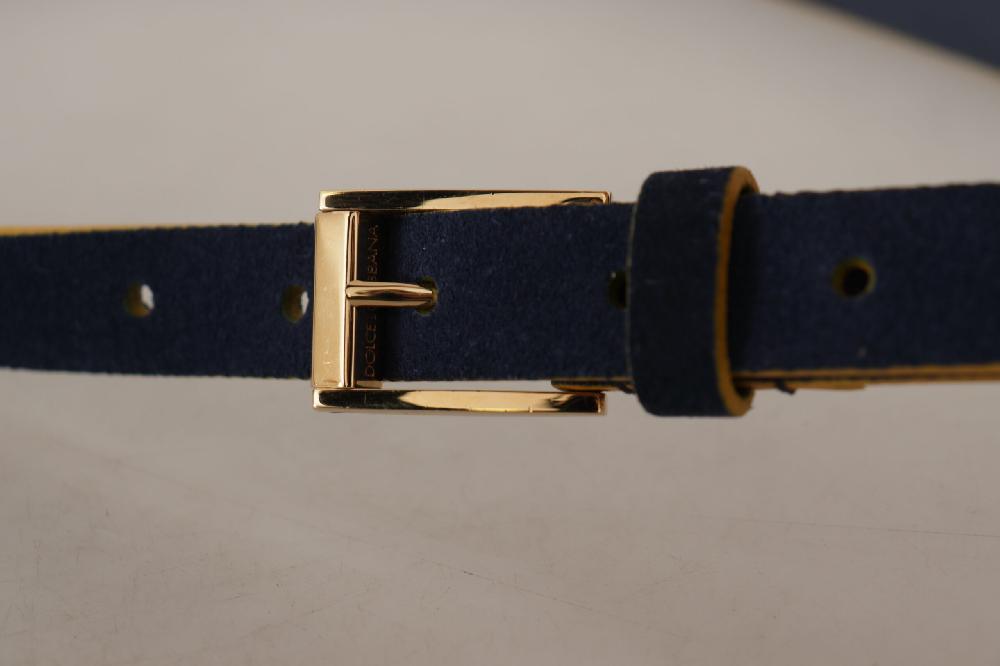 Blue Suede Yellow Gold Metal Logo Buckle Belt - 90-cm-36-inches