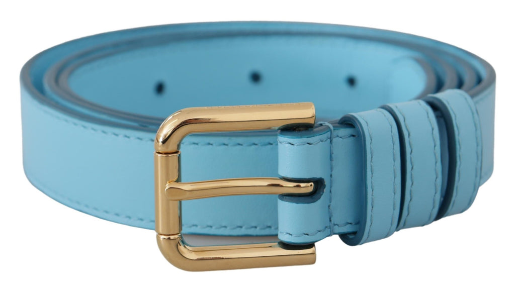 Sky Blue Leather Gold Tone Metal Logo Buckle Belt - 90-cm-36-inches