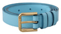 Sky Blue Leather Gold Tone Metal Logo Buckle Belt - 90-cm-36-inches