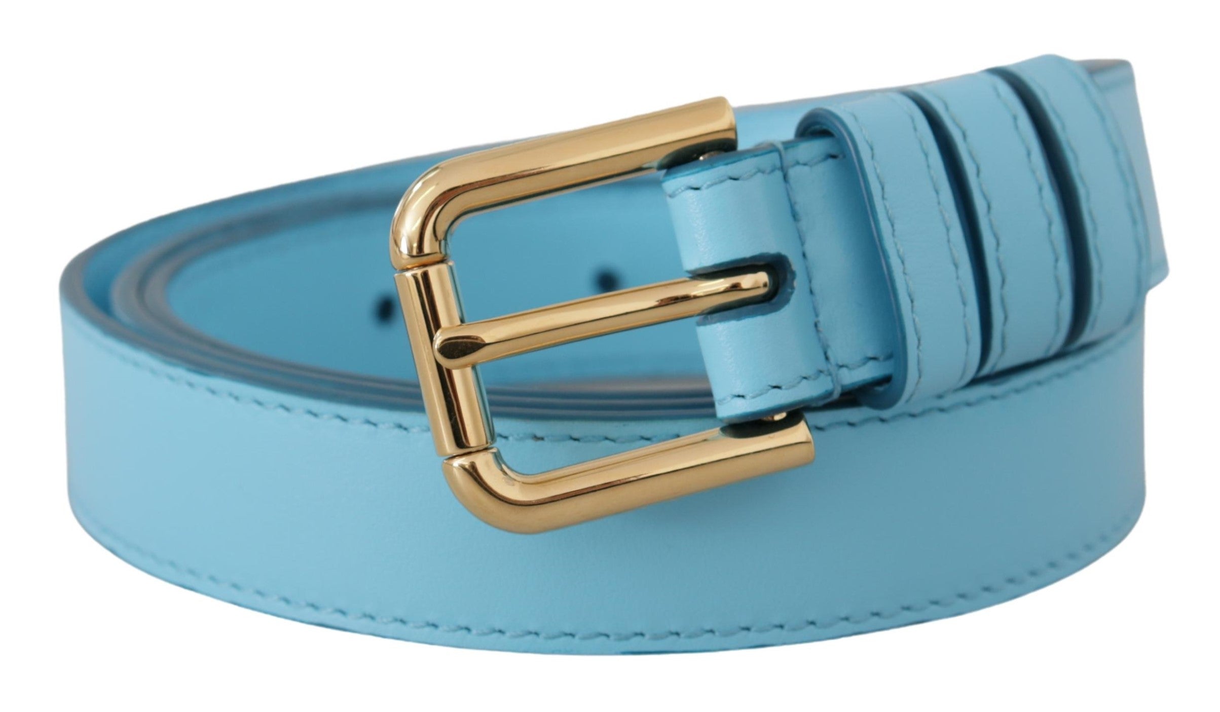 Sky Blue Leather Gold Tone Metal Logo Buckle Belt - 90-cm-36-inches