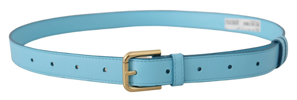 Sky Blue Leather Gold Tone Metal Logo Buckle Belt - 90-cm-36-inches