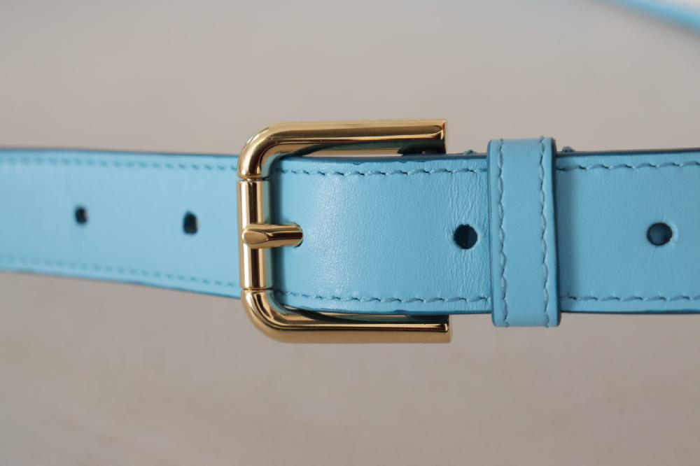 Sky Blue Leather Gold Tone Metal Logo Buckle Belt - 90-cm-36-inches