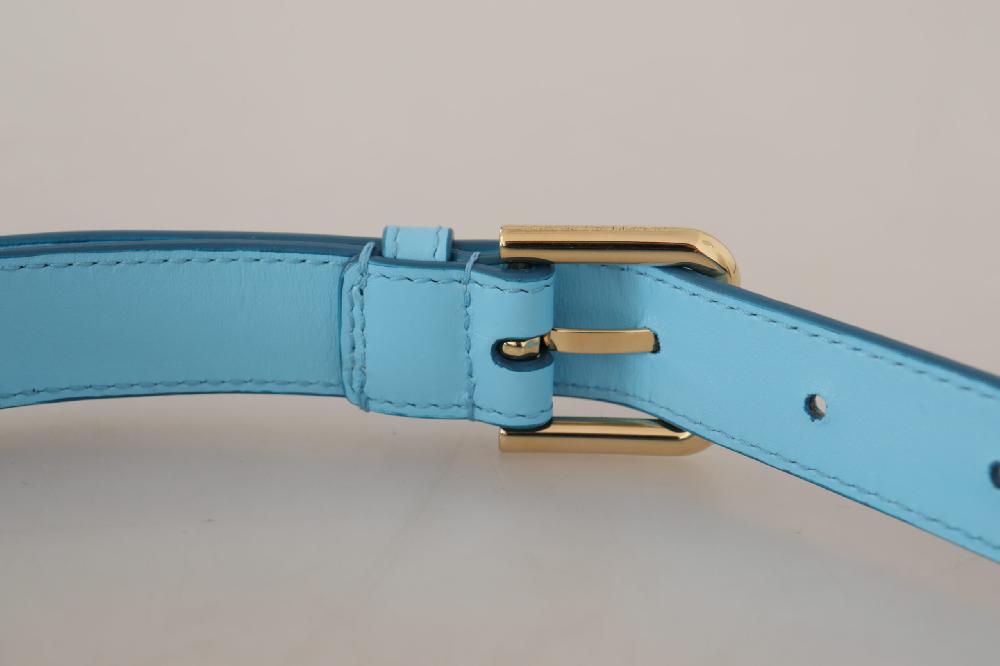 Sky Blue Leather Gold Tone Metal Logo Buckle Belt - 90-cm-36-inches