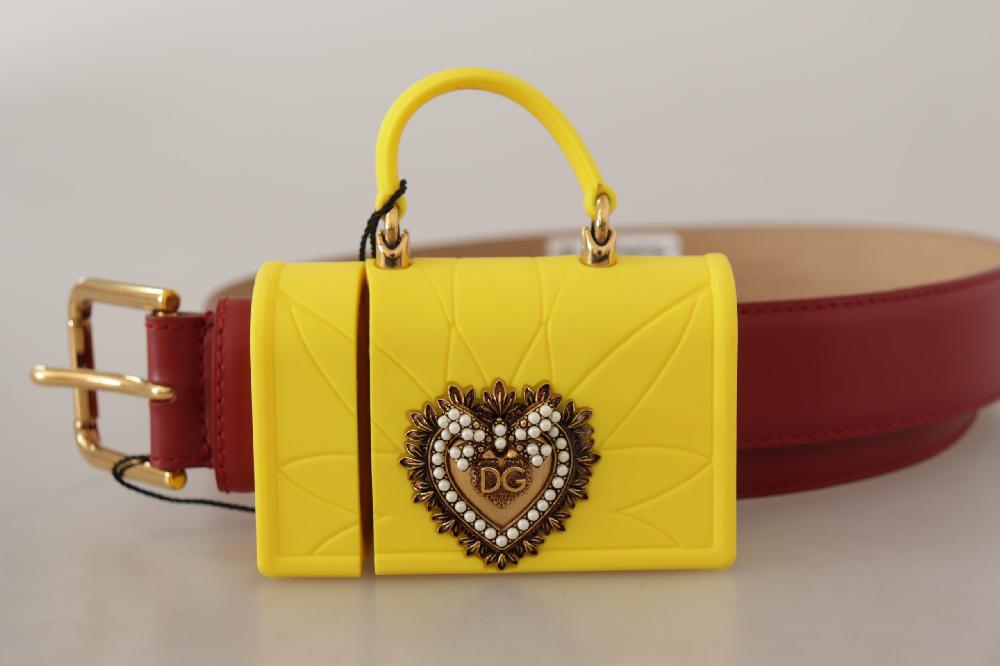 Red Leather Yellow DEVOTION Heart Bag Buckle Belt - 75-cm-30-inches
