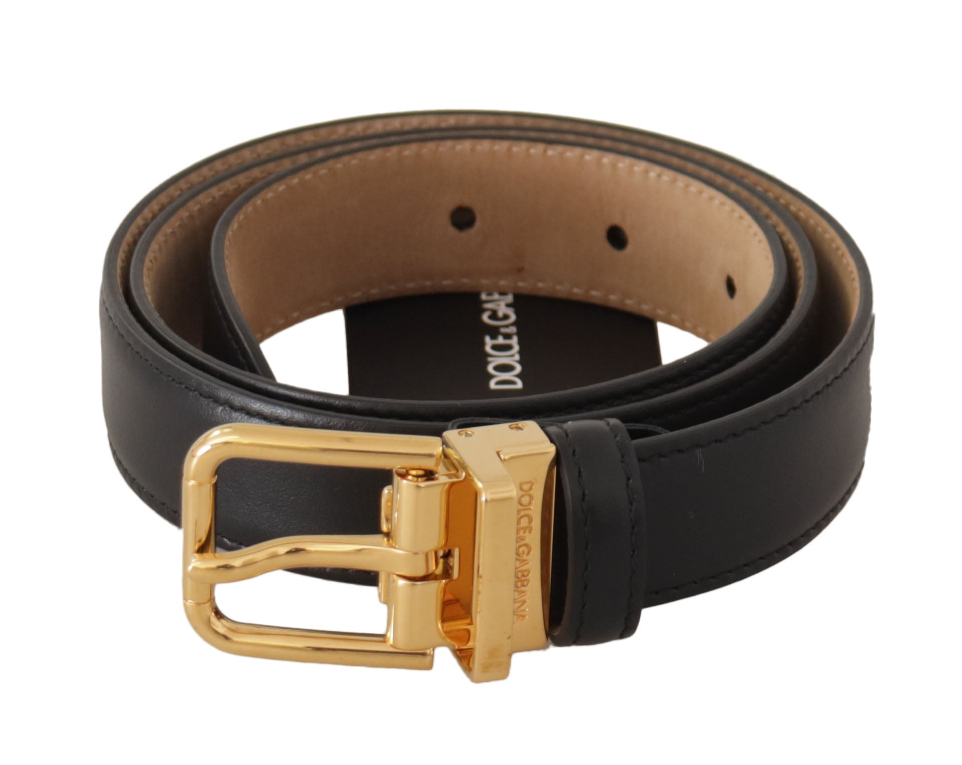 Black Calf Leather Gold Metal Logo Waist Buckle Belt - 75-cm-30-inches