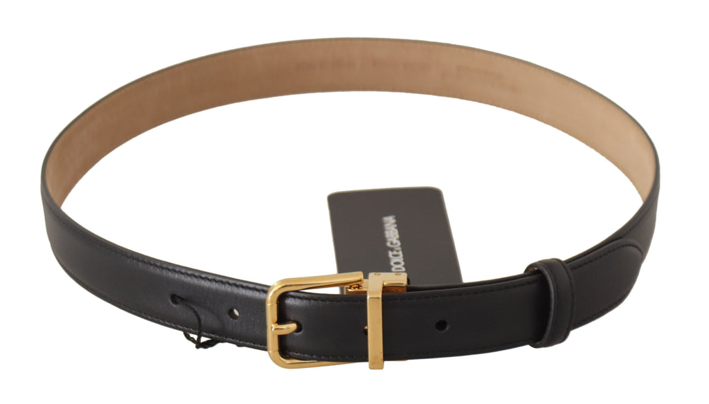 Black Calf Leather Gold Metal Logo Waist Buckle Belt - 75-cm-30-inches