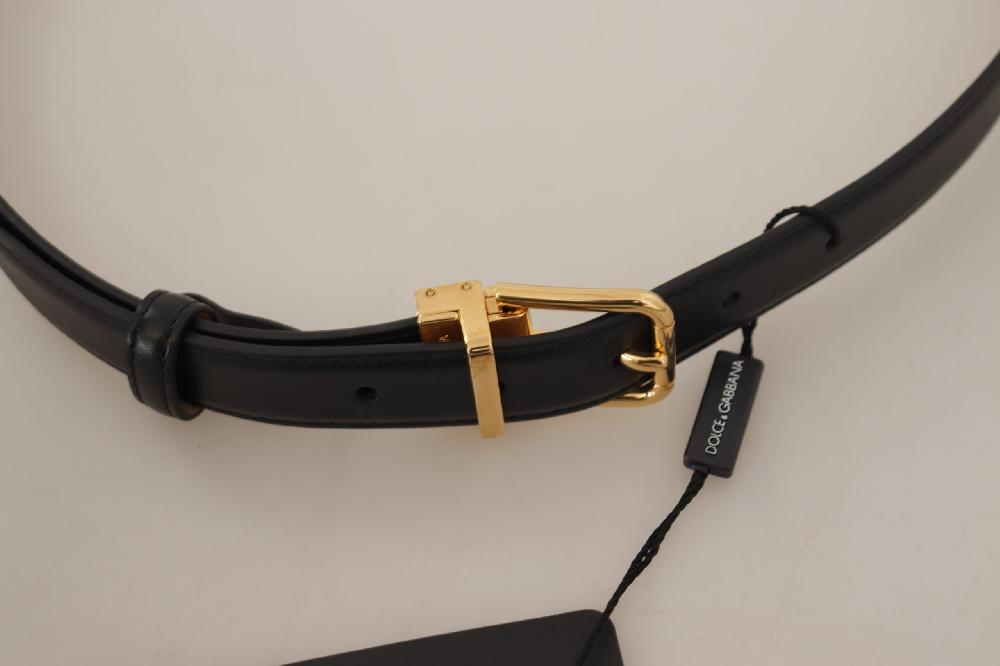 Black Calf Leather Gold Metal Logo Waist Buckle Belt - 75-cm-30-inches