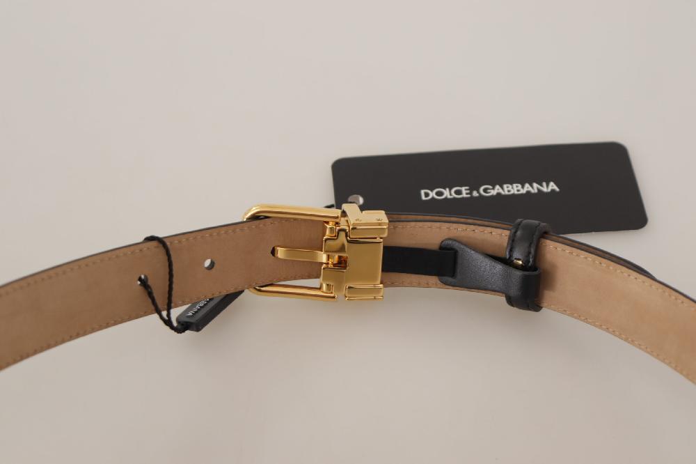 Black Calf Leather Gold Metal Logo Waist Buckle Belt - 75-cm-30-inches