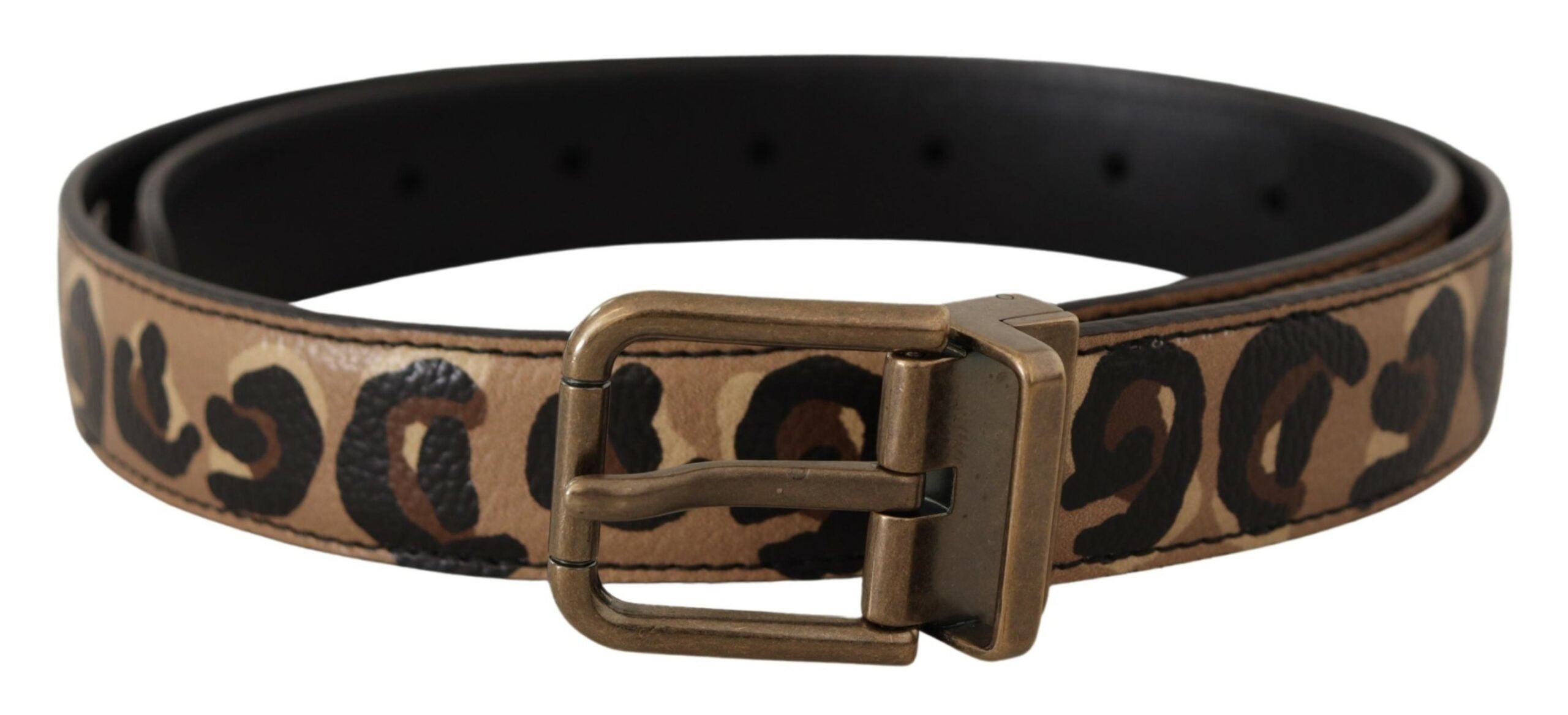 Brown Leather Leopard Print Bronze Metal Buckle Belt - 75-cm-30-inches