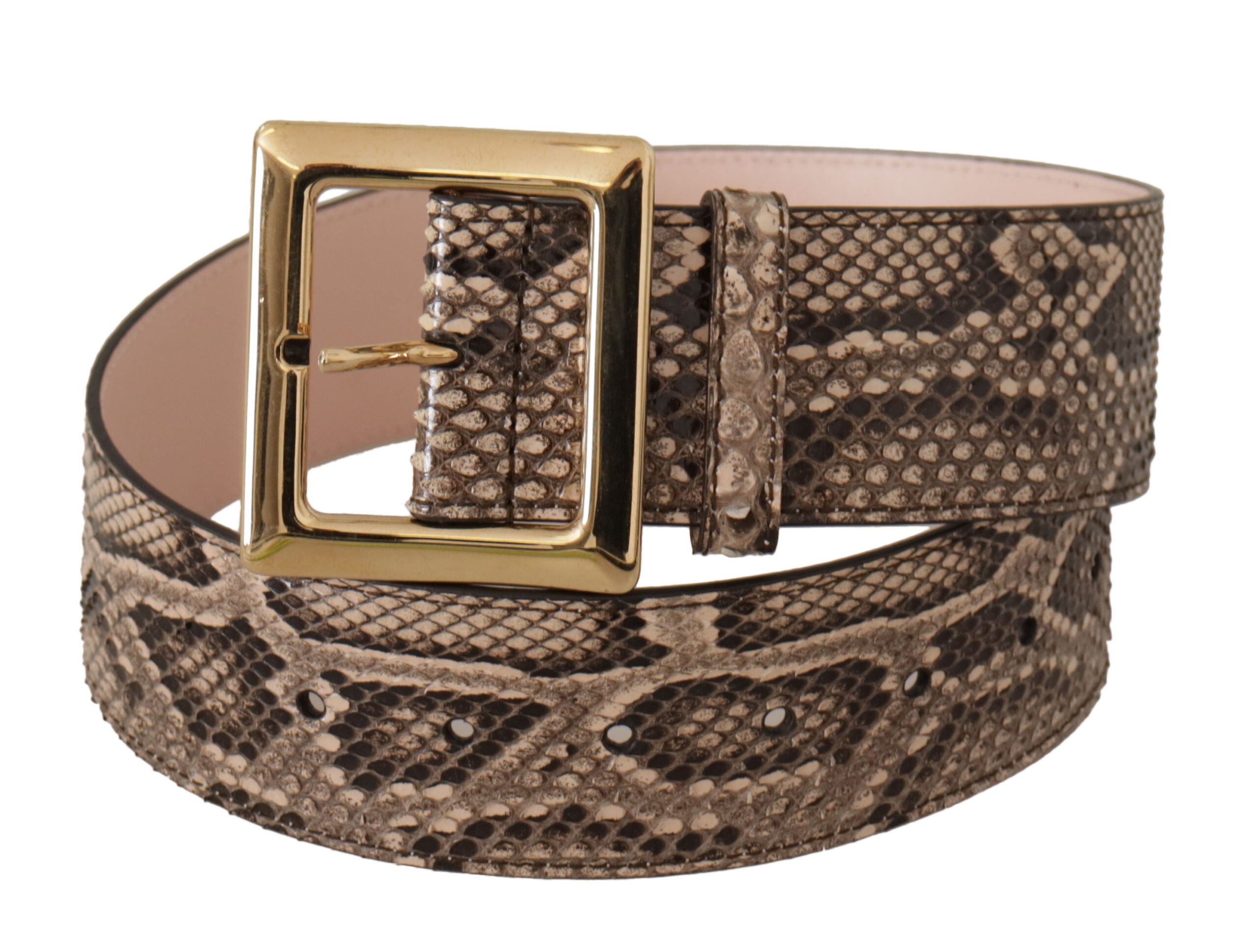 Beige Exotic Leather Wide Gold Metal Buckle Belt - 65-cm-26-inches