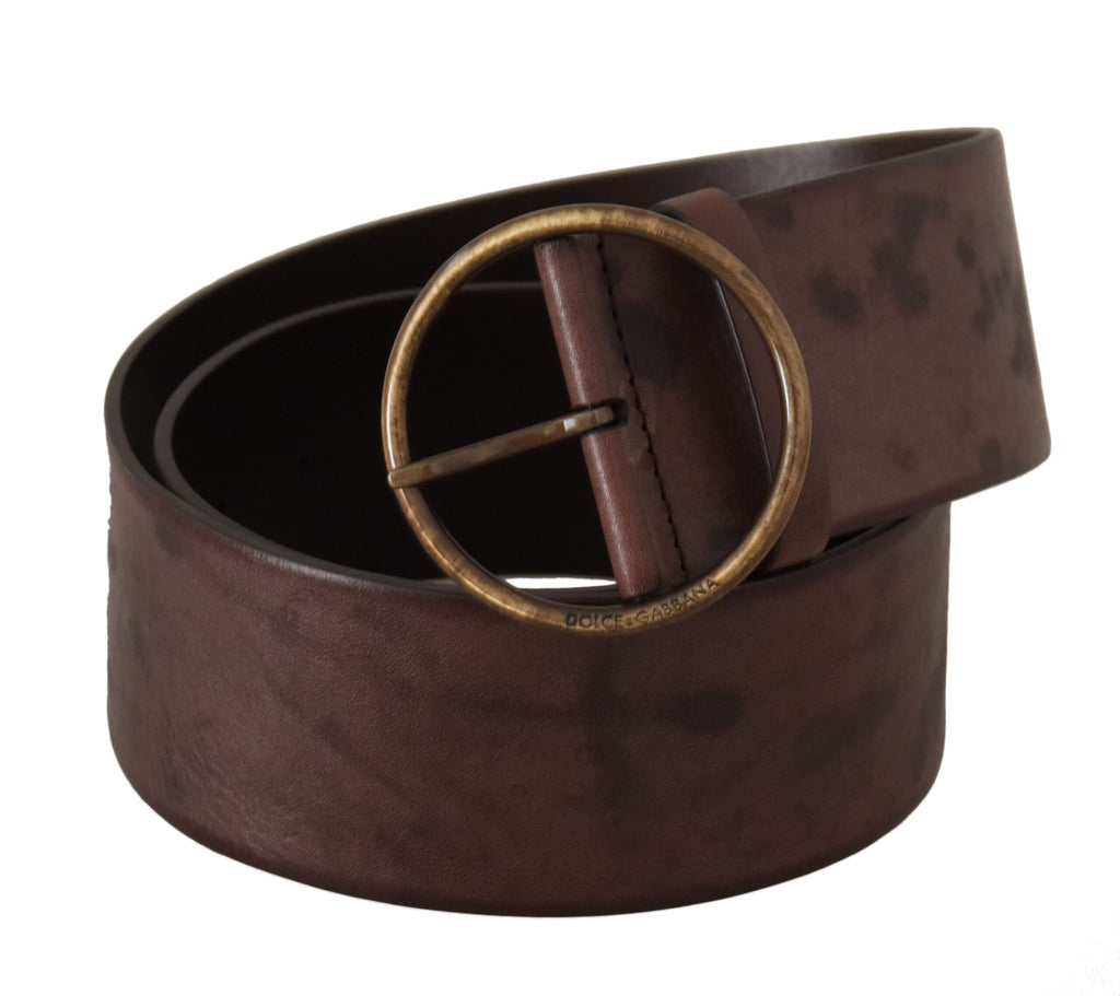 Dark Brown Wide Calf Leather Logo Round Buckle Belt - 90-cm-36-inches