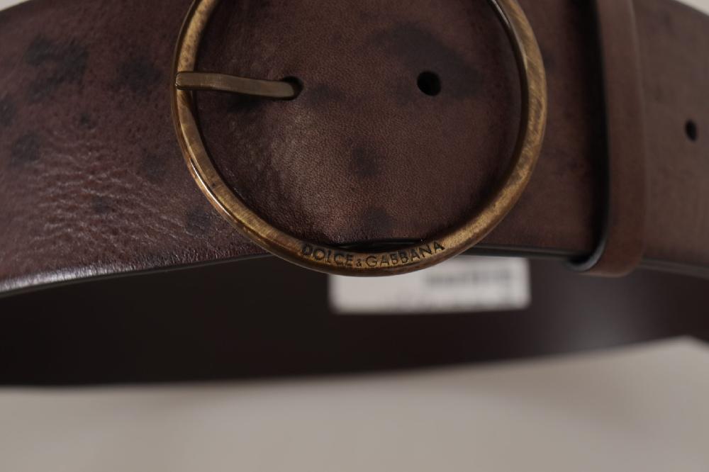 Dark Brown Wide Calf Leather Logo Round Buckle Belt - 90-cm-36-inches