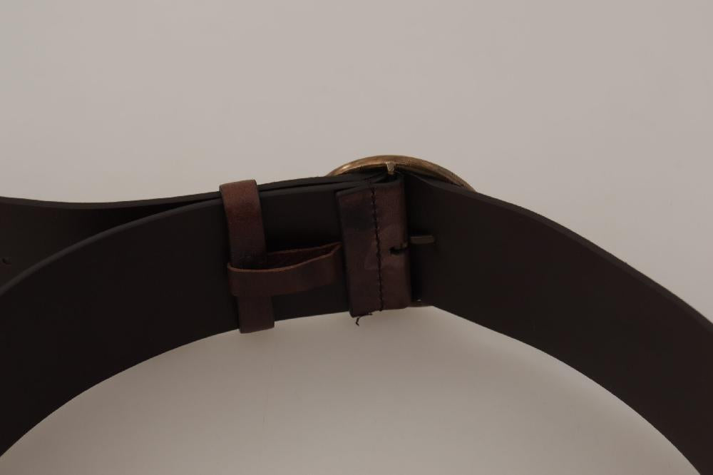 Dark Brown Wide Calf Leather Logo Round Buckle Belt - 90-cm-36-inches