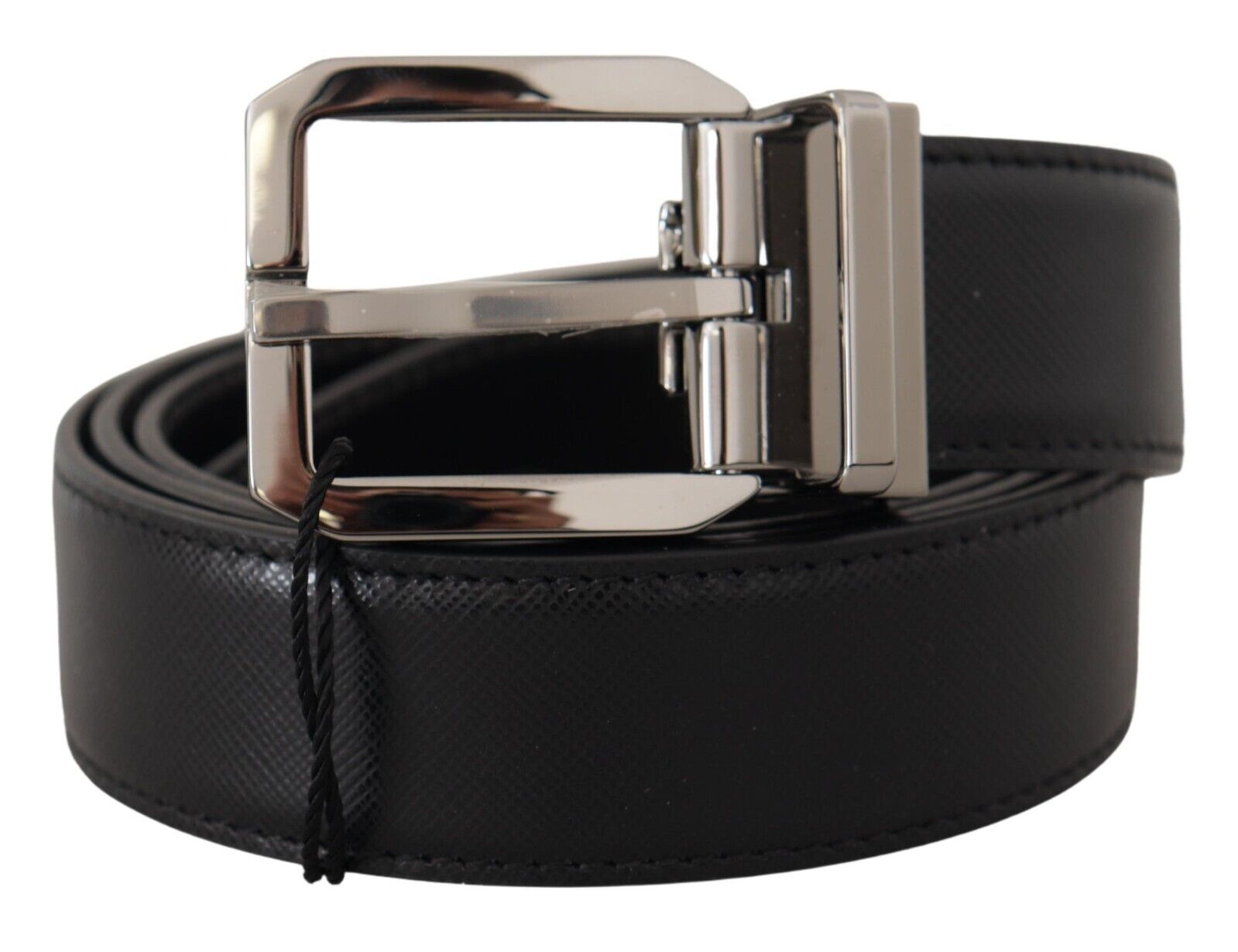 Black Calf Leather Logo Engraved Metal Buckle Belt - 100-cm-40-inches
