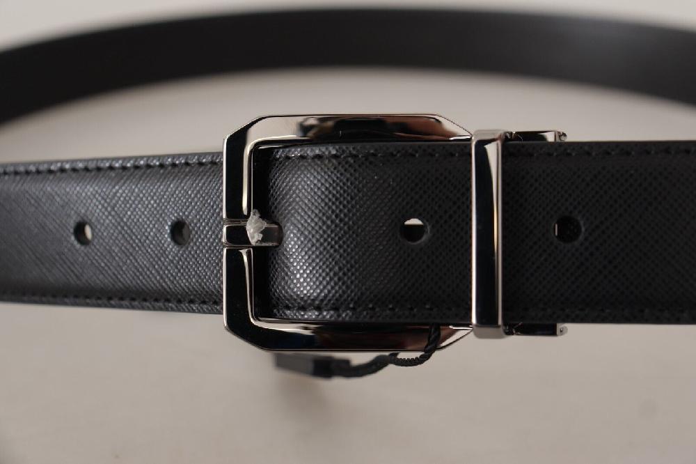 Black Calf Leather Logo Engraved Metal Buckle Belt - 100-cm-40-inches
