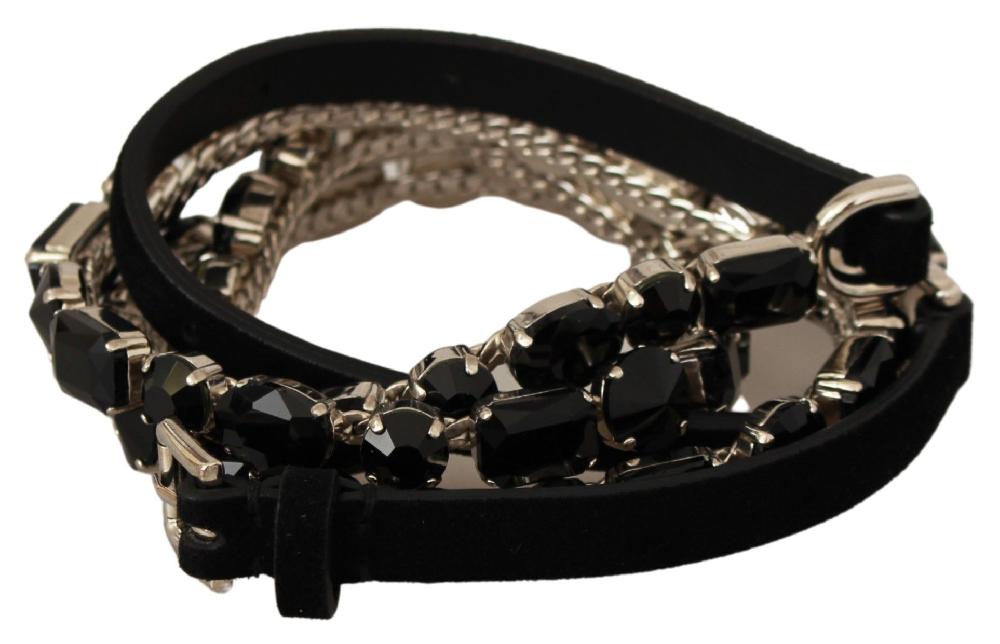 Black Leather Crystals Waist Belt - 95-cm-38-inches