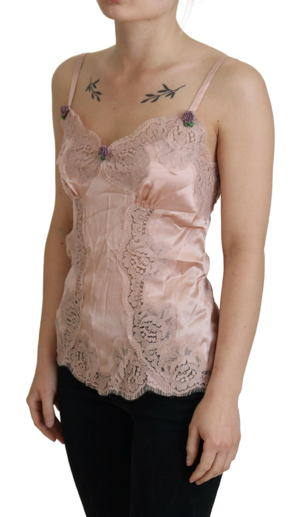 Pink Satin Lace Roses Tank Top Lingerie - it38-xs