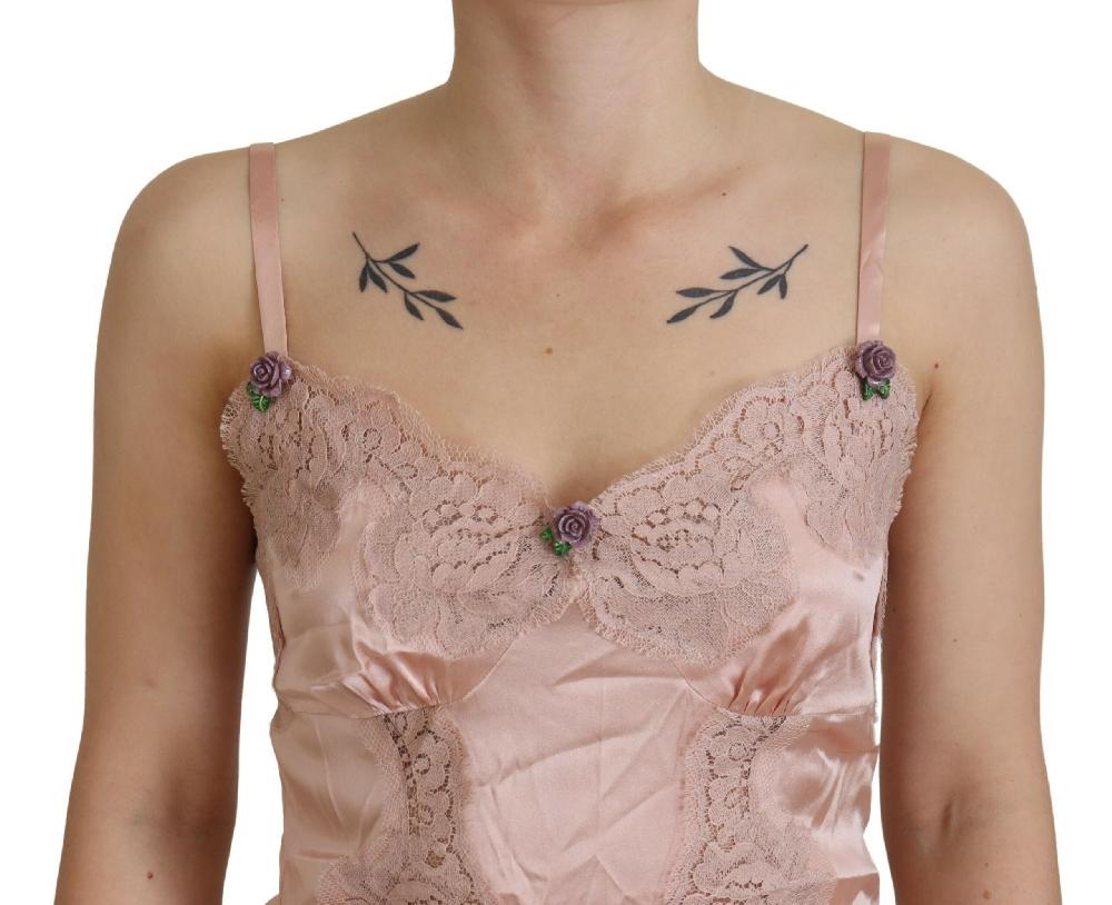 Pink Satin Lace Roses Tank Top Lingerie - it44-l