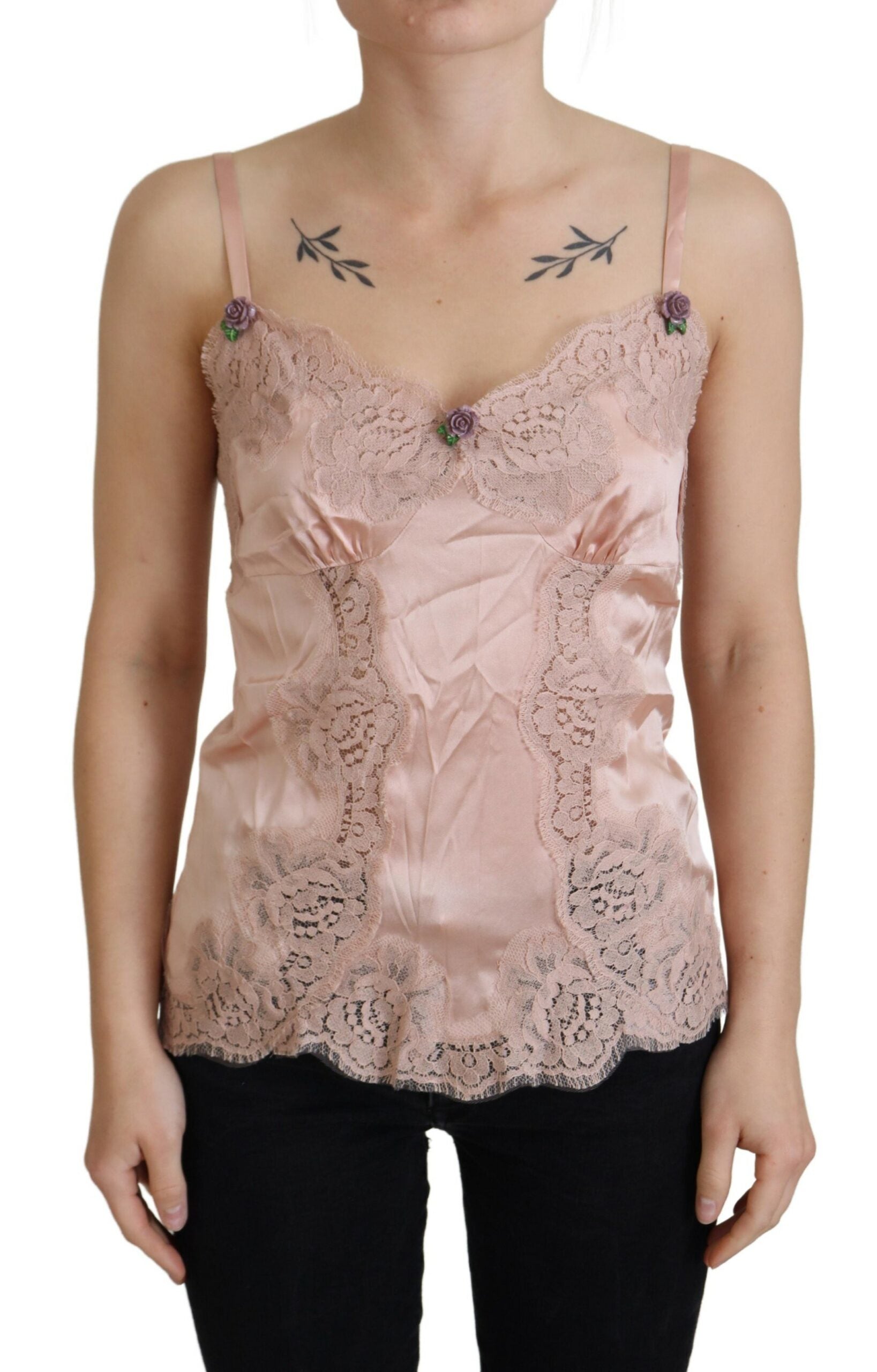 Pink Satin Lace Roses Tank Top Lingerie - it46-xl