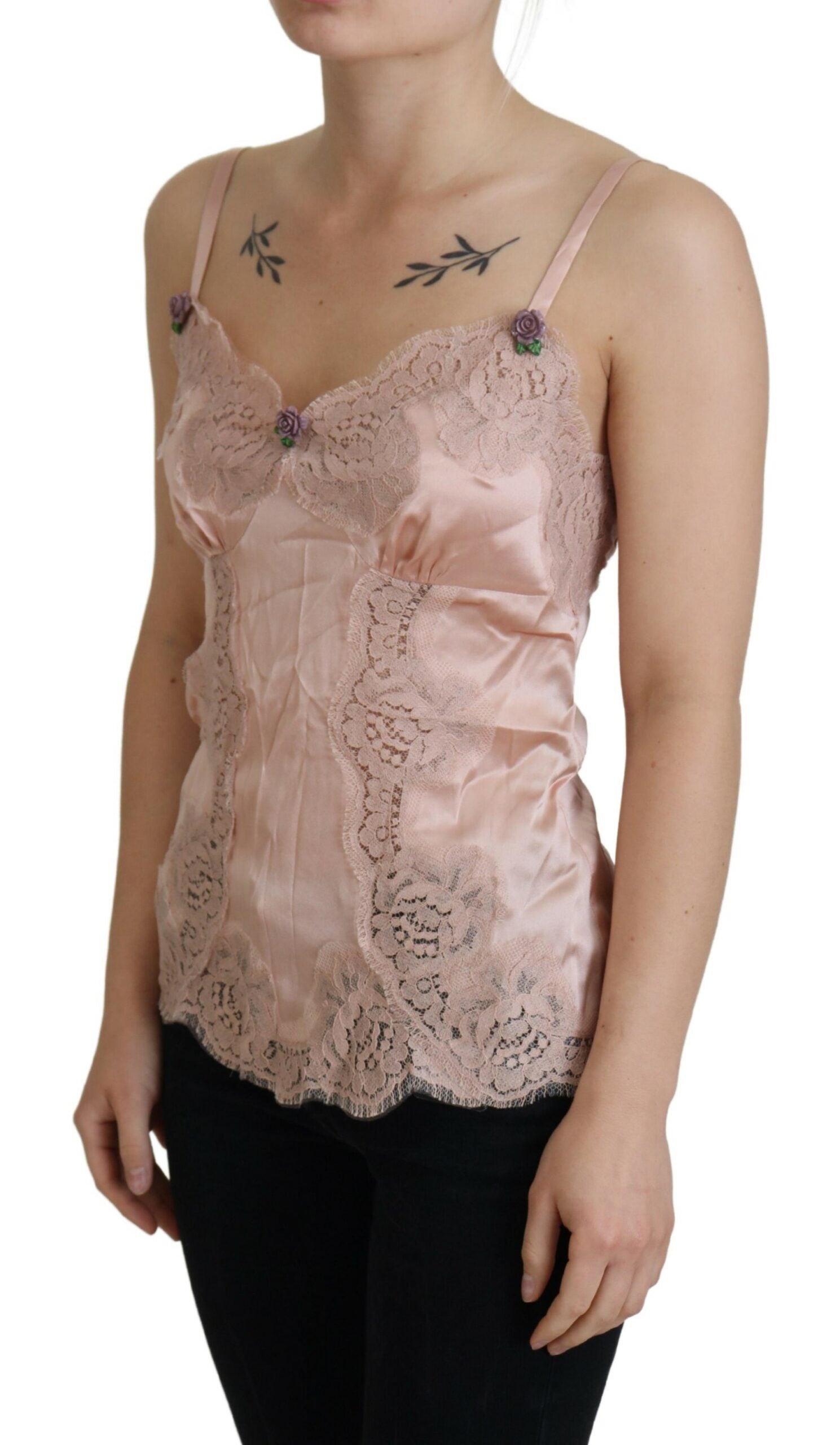 Pink Satin Lace Roses Tank Top Lingerie - it46-xl