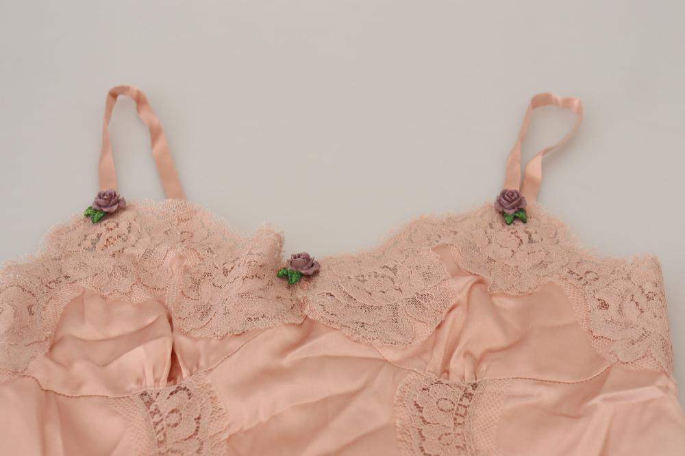 Pink Satin Lace Roses Tank Top Lingerie - it36-xs